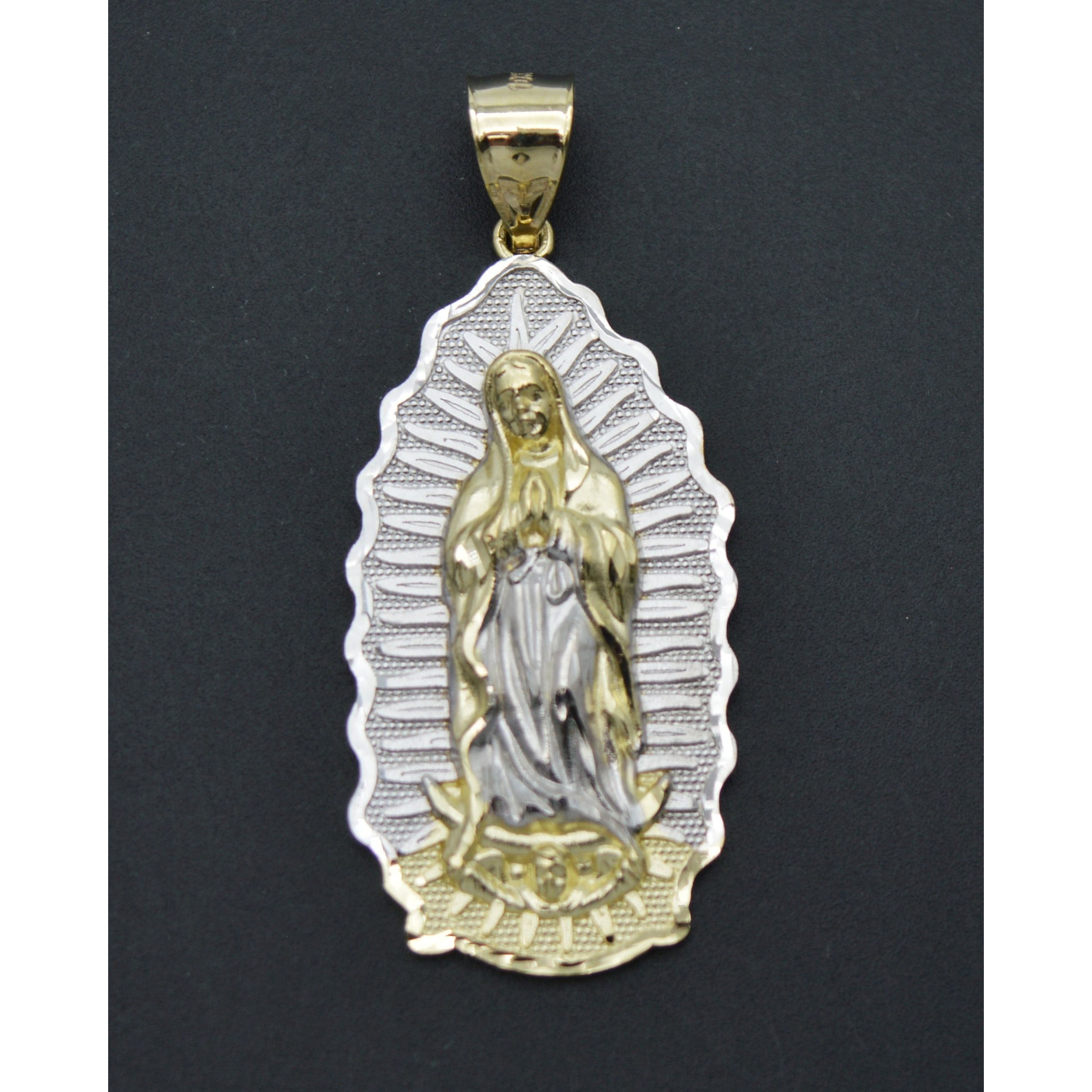 Real 10k Yellow-White Gold Lady Guadalupe Virgin Mary Medallion Pendant 42gr 565$